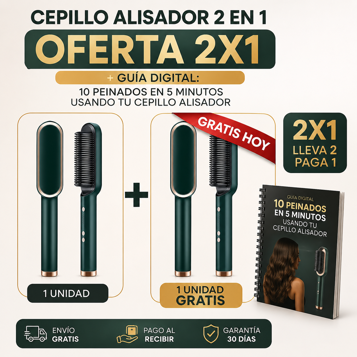 Cepillo Alisador 2 en 1 ° Oferta 2x1 + Guía Digital: 10 Peinados En 5 Minutos Usando Tu Cepillo Alisador